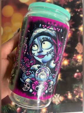 Nightmare before Xmas Gothic 16oz Glass Cup w/ Plastic Lid Tumbler